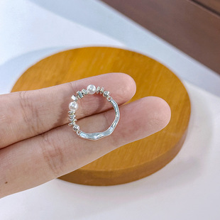 韩版简约不规则碎银珍珠戒指 时尚高级感弹力绳指戒ins风通勤指环