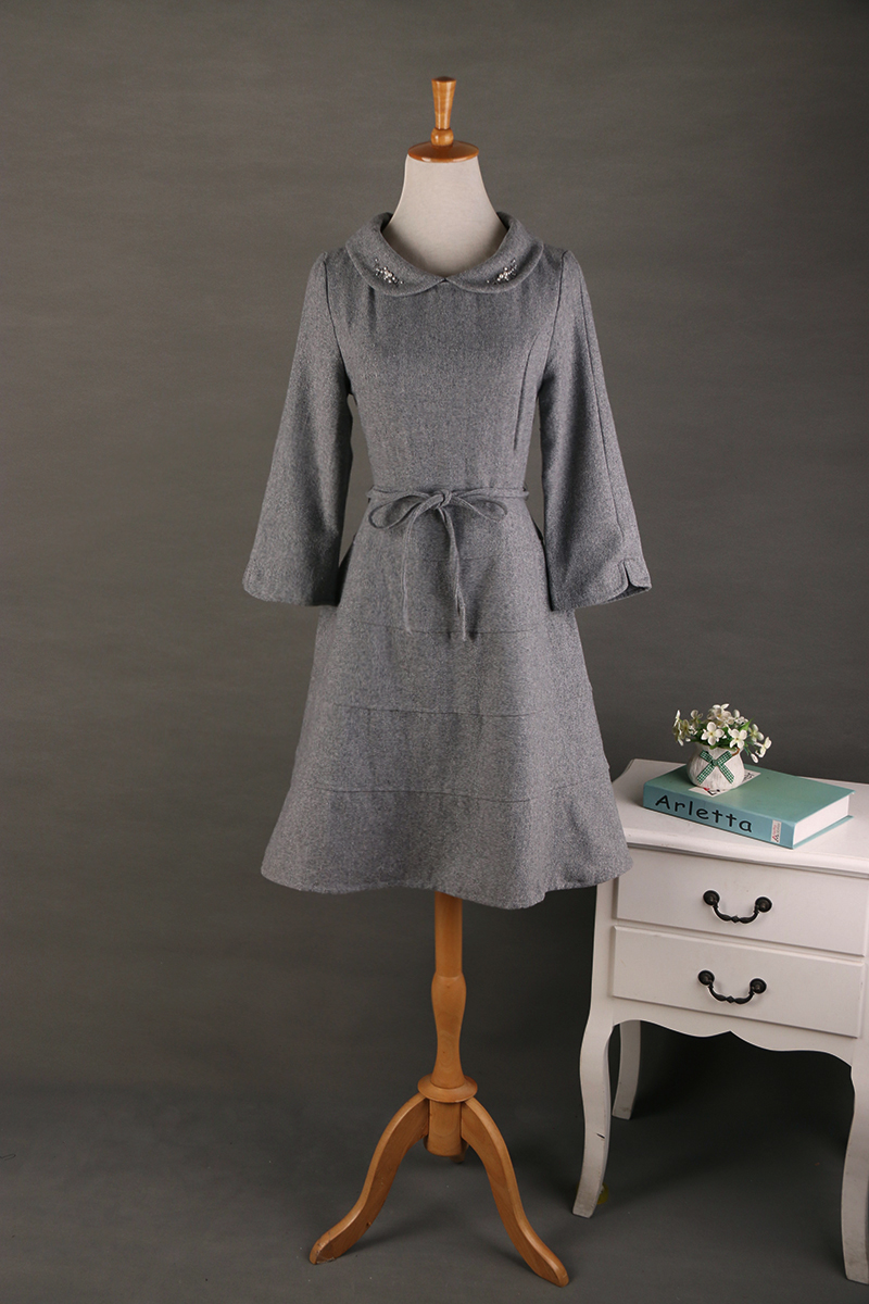 冬季毛呢连衣裙复古淑女小洋装领子可拆卸