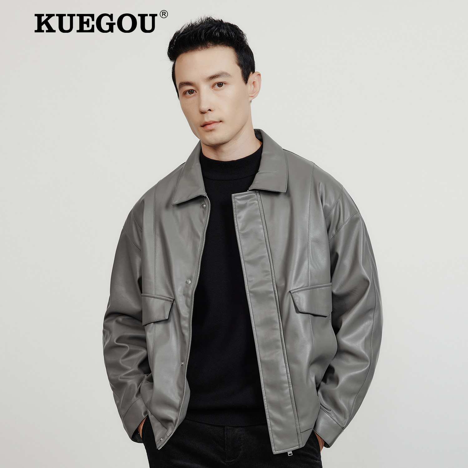 kuegou2020新款哑光蛋白质皮翻领夹克男士时尚休闲皮衣外套2199