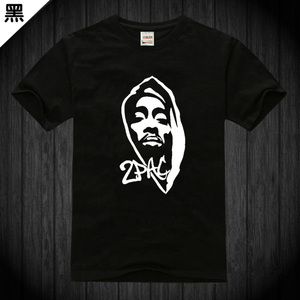 2pac说唱宽松黑色圆领短袖男t恤嘻哈运动潮流休闲摇滚酷头像