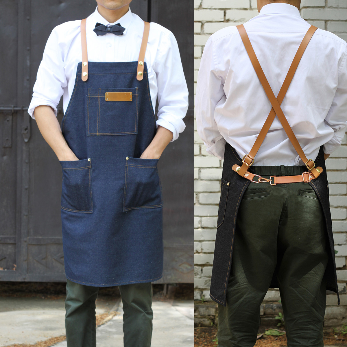 奶茶饮品店烧烤店咖啡师围裙加厚牛仔真皮背带可以拆洗免费logo_不