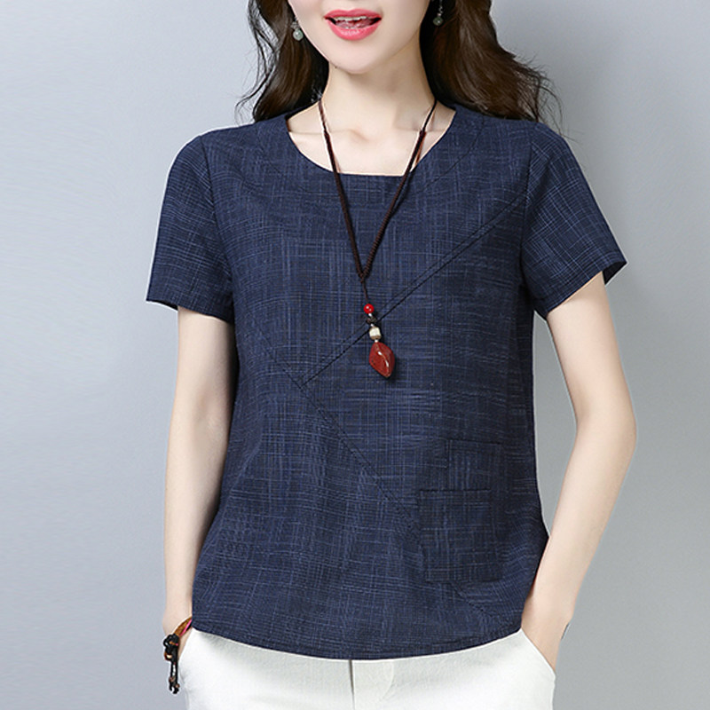 夏装棉麻上衣女装短袖2021新款麻料宽松t恤女显瘦亚麻棉百搭中年t