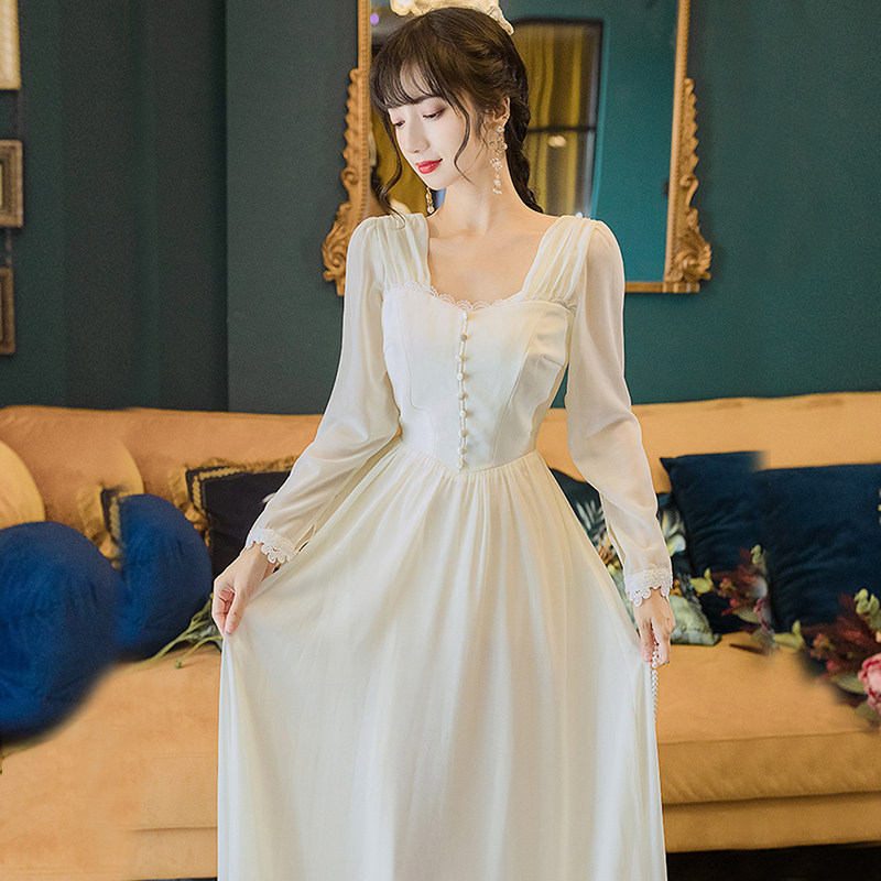 春秋女装复古法式宫廷风收腰仙女订婚领证白色礼服日常连衣裙长袖