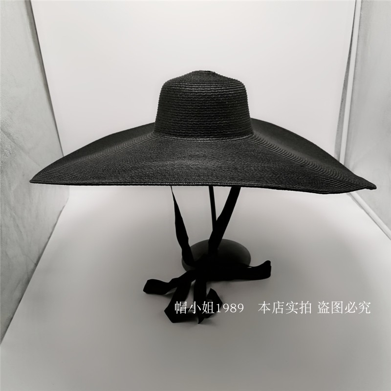 影楼拍照写真凹造型超大沿23cm绑带黑色草帽海边防晒沙滩帽遮阳帽