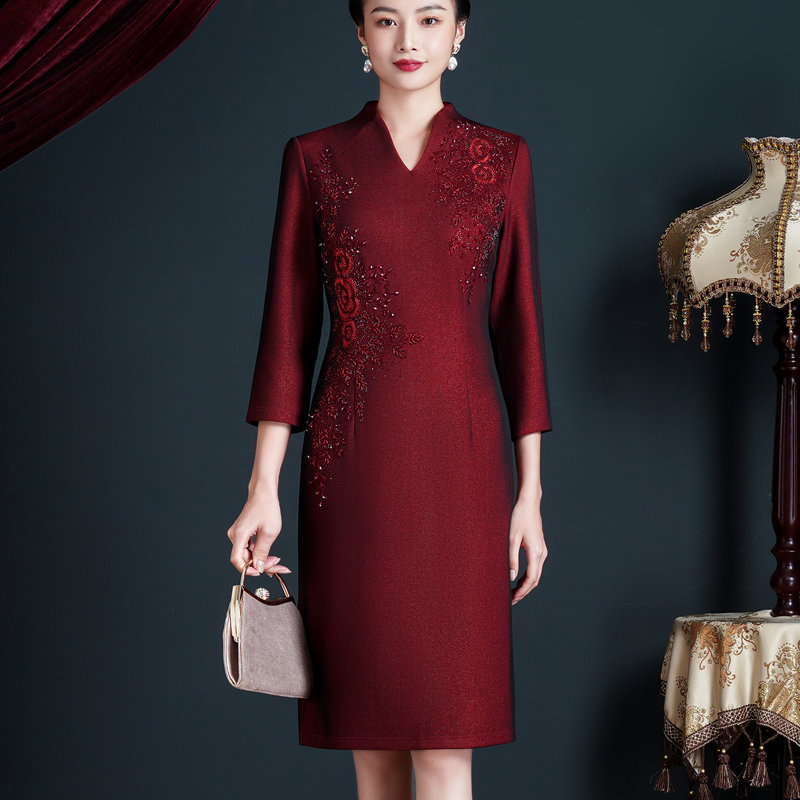 儿子结婚妈妈礼服连衣裙旗袍裙婚庆婚礼喜婆婆婚宴装高贵秋冬裙子