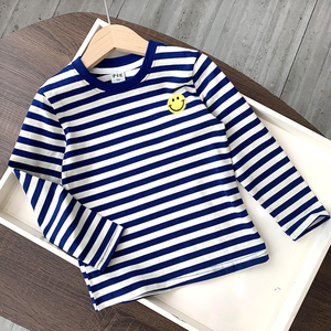 经典款~男女童蓝色全棉条纹t恤打底衫儿童修身刺绣套头上衣海魂衫