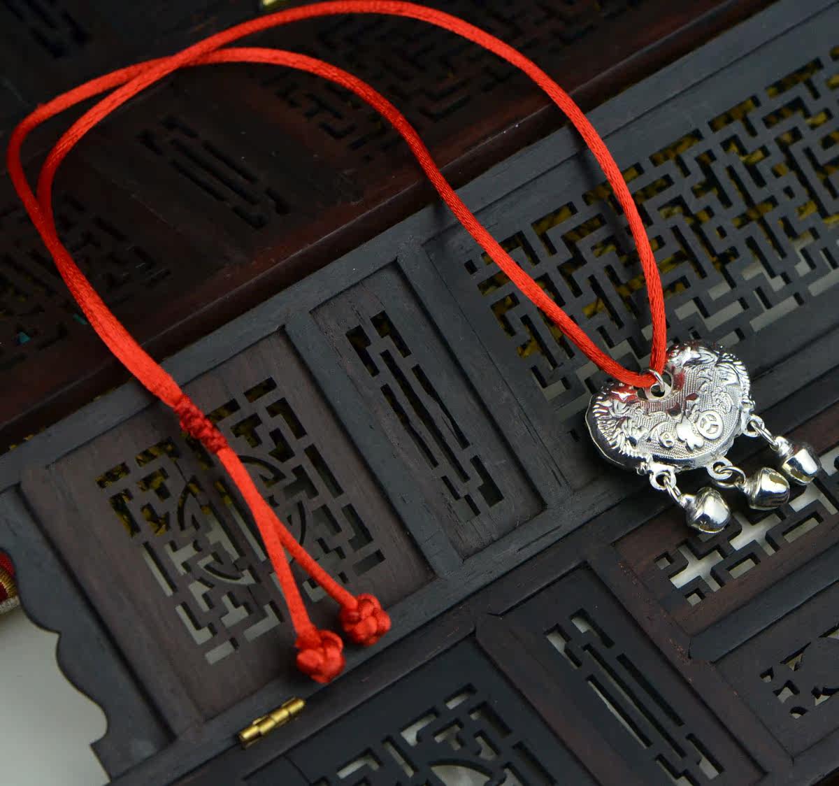 民族风小饰品小孩儿童长命锁保平安吊坠百福锁红绳项链xl064