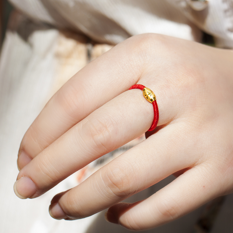 纯手编金刚结纯金转运珠红绳戒指本命年男女情侣开运999黄金指环