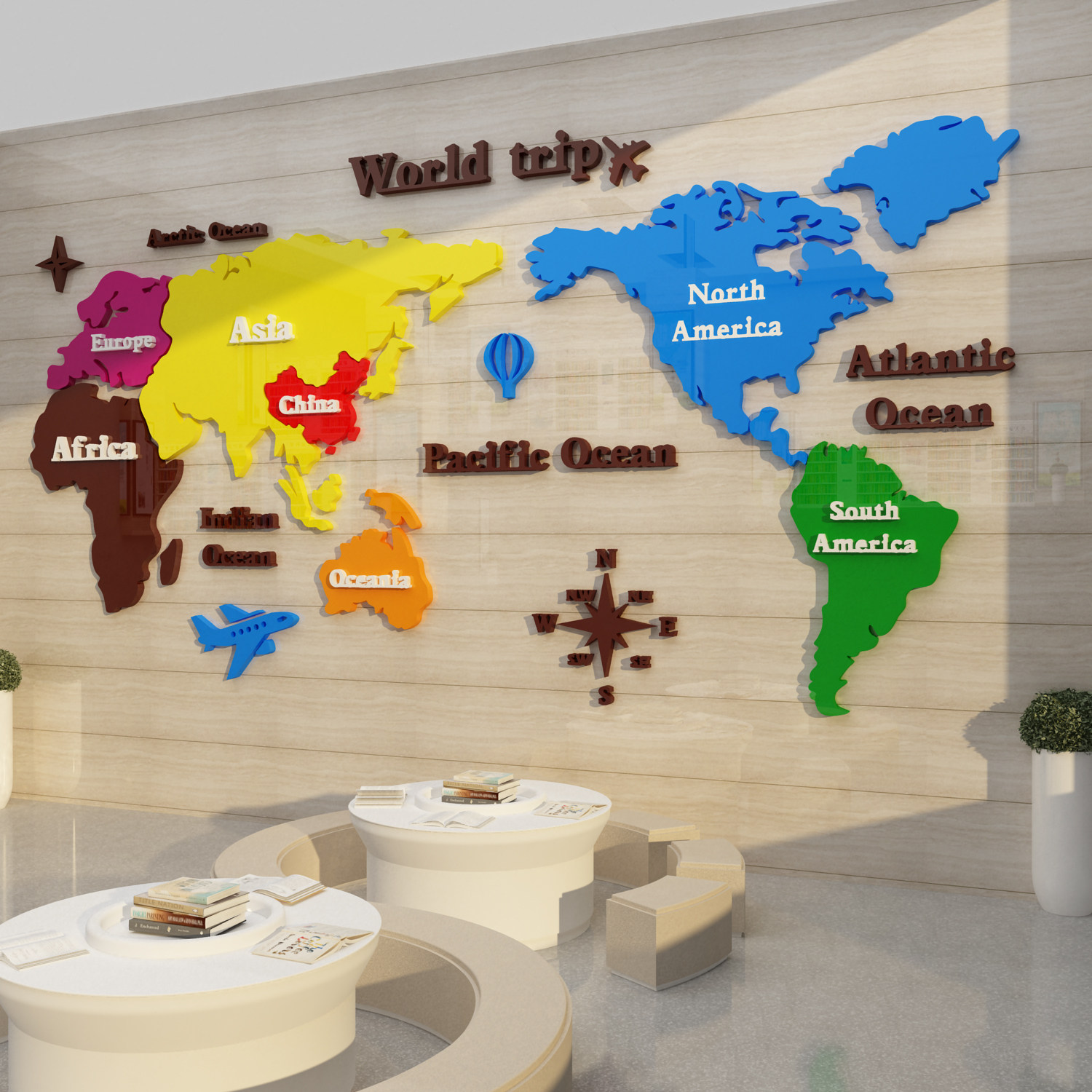 世界地图墙面装饰图书角文化墙绘本馆布置阅览室背景3d立体贴纸画