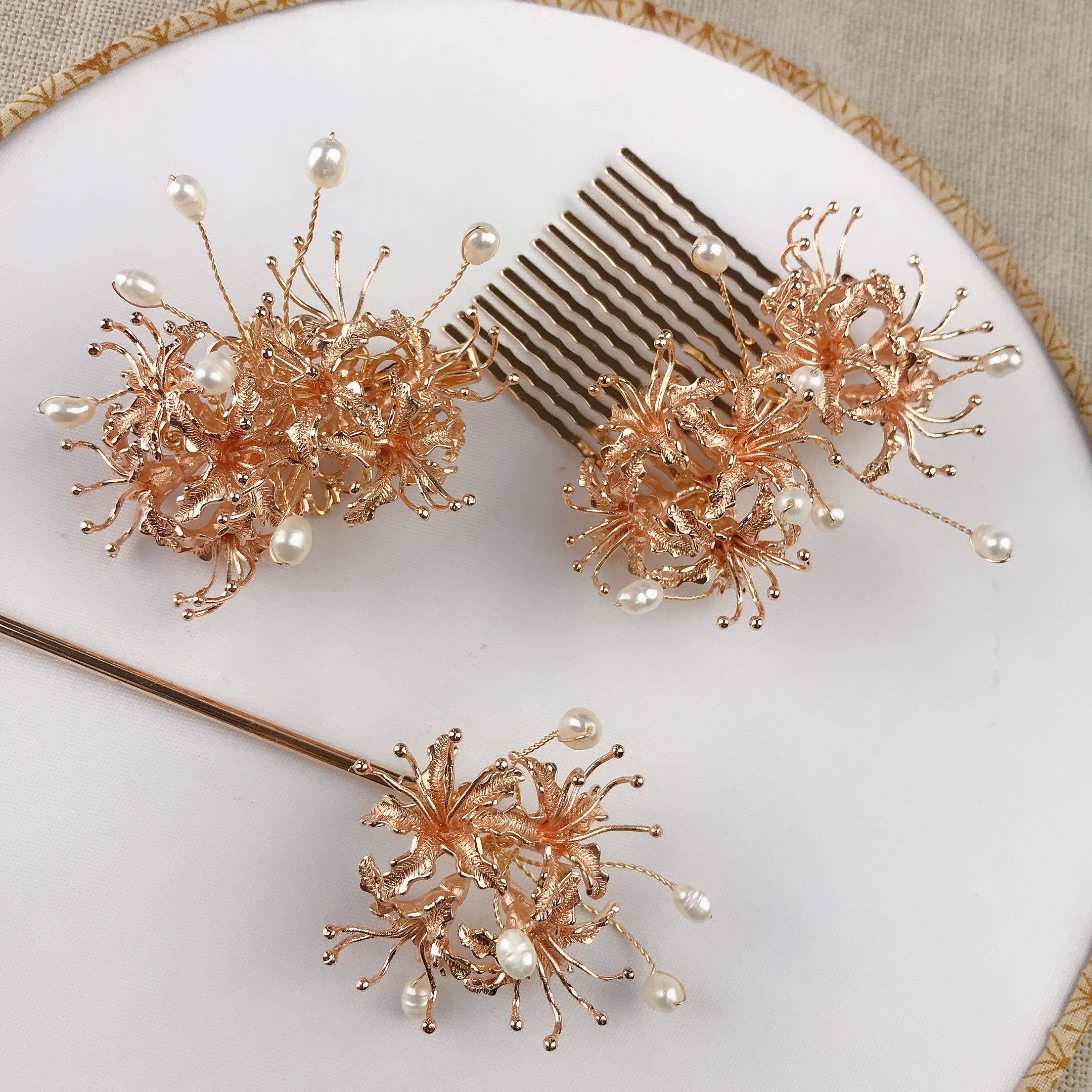 铜镀金天然淡水珍珠彼岸花发簪发夹发梳套装汉服配饰古装头饰