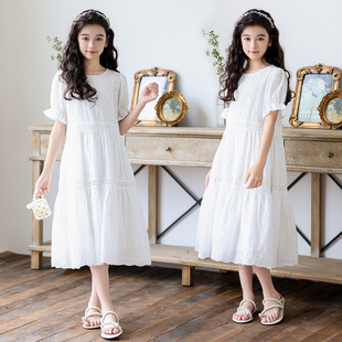 女童连衣裙夏季新款2024韩版小女孩洋气中大童刺绣白色公主裙子