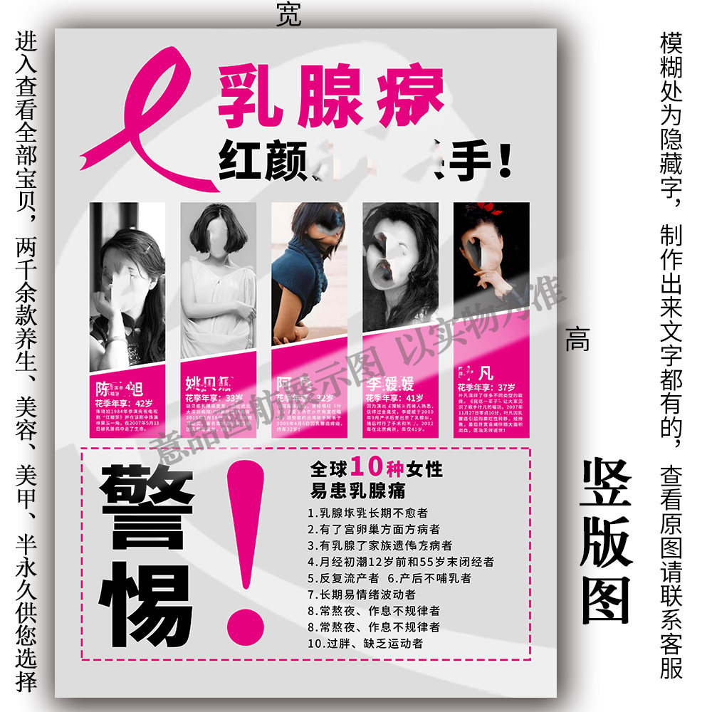 警惕乳腺海报胸部保养广告美容院墙壁实木框装饰无框挂画粉红丝带