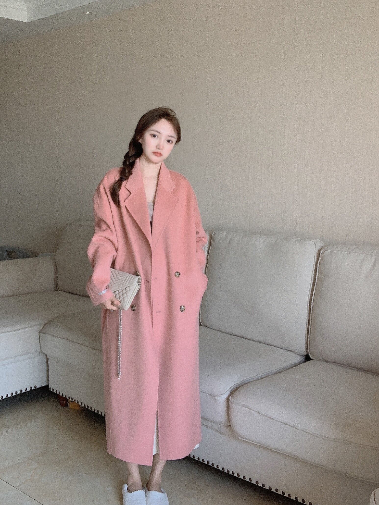 vivishop2021秋冬新款温柔蜜桃粉宽松羊绒大衣简约双排扣毛呢外套