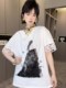 RR fashion T恤女2024夏季新款重工人物印花蕾丝拼接蝴蝶花边上衣