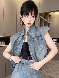 RR fashion 无袖翻领外套高腰短裙牛仔套装两件套女2024夏季新款