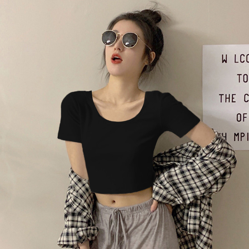 黑色短款t恤女短袖ins潮露脐上衣紧身纯棉夏季高腰漏肚脐半袖体恤