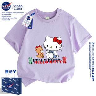 NASA女童夏季纯棉T恤2024新款卡通Hallokitty猫短袖儿童上衣ins风