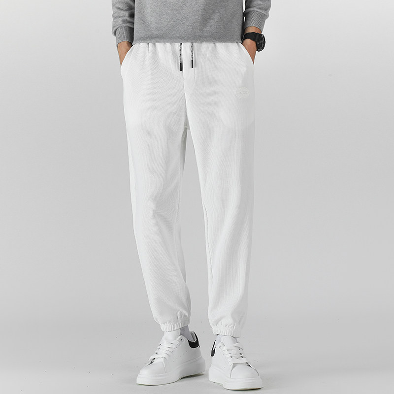 华夫格白色裤子男士运动裤夏秋款宽松直筒束脚裤冬季加绒大码卫裤