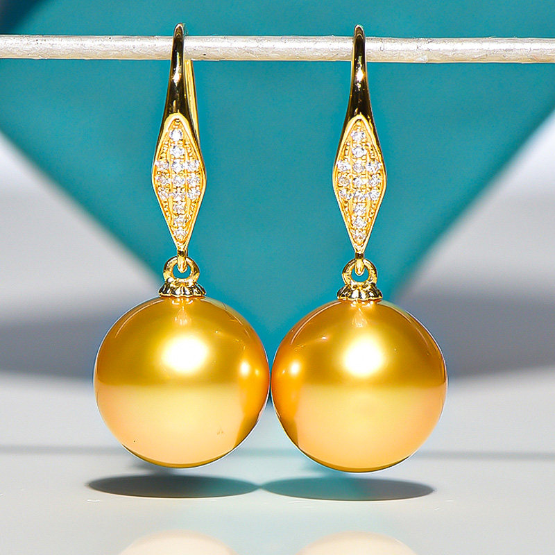 鑫润原色814mm南洋深海水18k浓金珍珠耳环耳饰耳钩耳坠圆形玫瑰