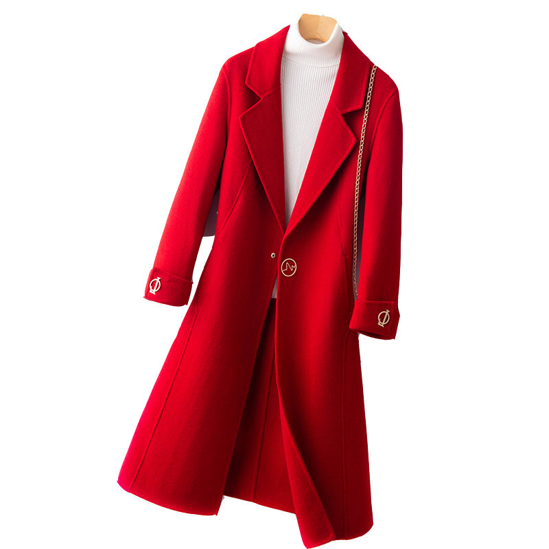 高端羊绒大衣女回门敬酒服大红色纯羊毛双面呢外套结订婚新娘衣服