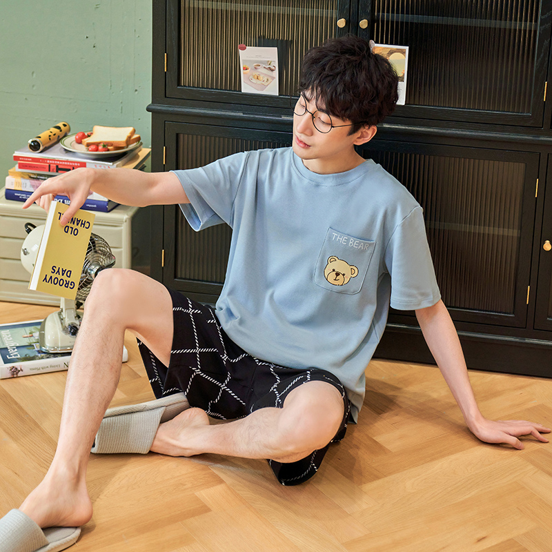 男士睡衣夏季纯棉短袖卡通青少年男式夏天薄款全棉家居服学生套装