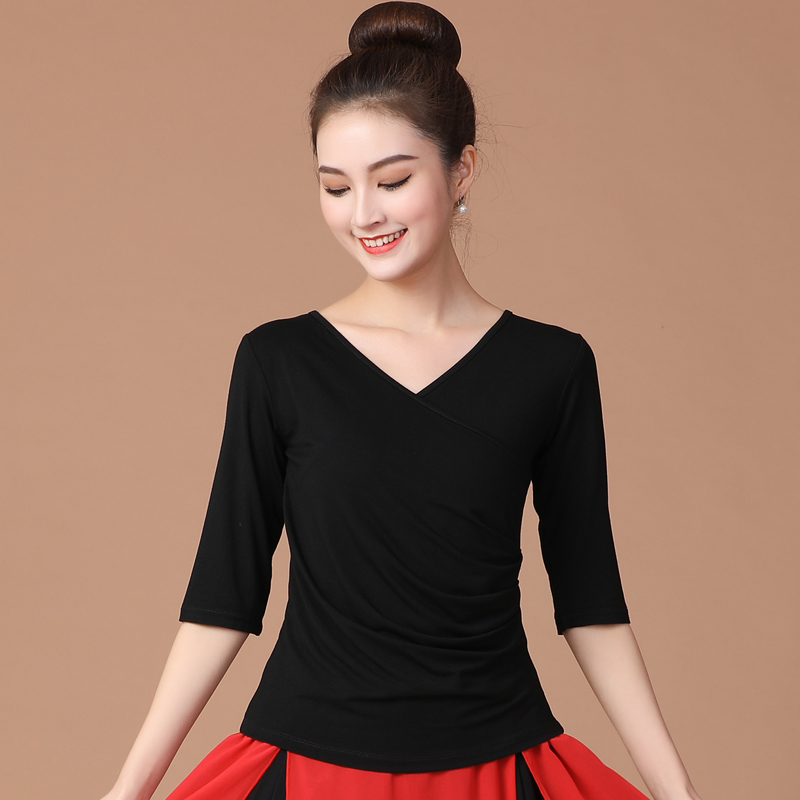 广场舞新款上衣女莫代尔单件跳舞服装练功服黑色长袖中老年舞蹈服