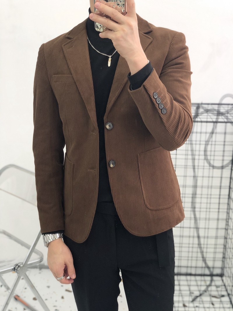 卷毛男装秋冬男青年修身西装外套竖条灯芯绒休闲单西英伦厚西服白