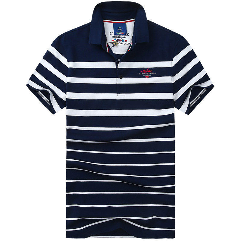 gold shark/金鲨2018新款夏季半袖条纹清爽棉微弹小翻领短袖t恤