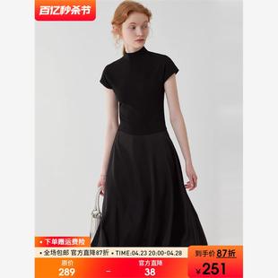 范洛2024夏季新款黑色高级小众半高领T恤拼接缎面光泽感连衣裙女