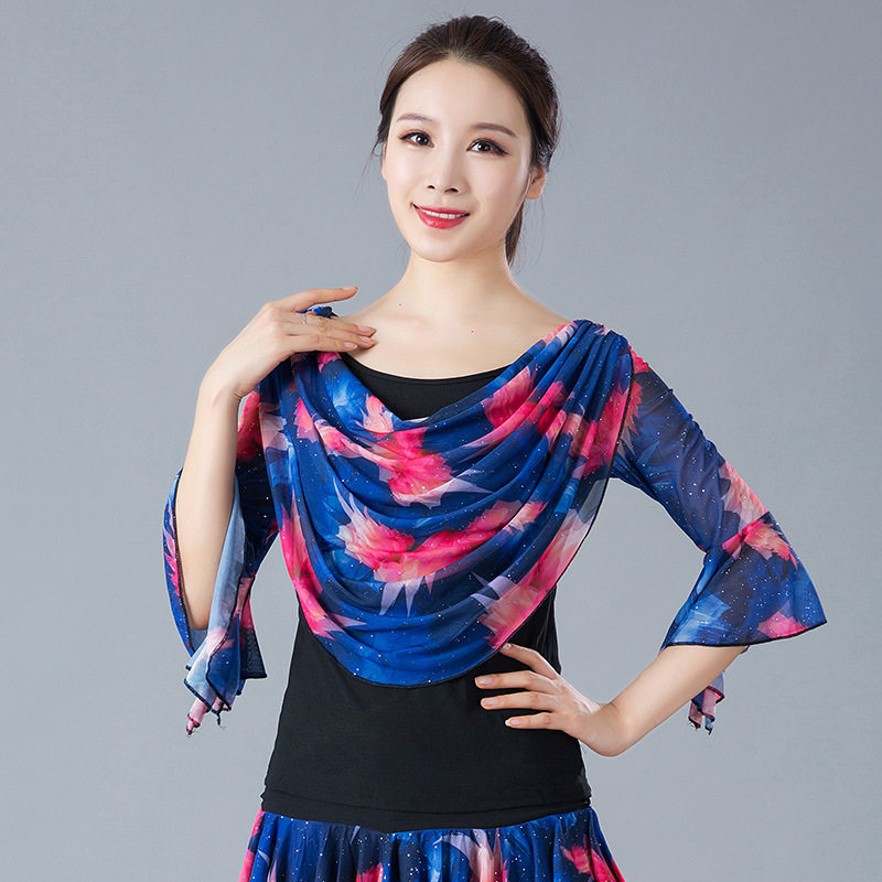 拉丁舞上衣女圆领长袖修身跳舞服成人新款广场舞摩登国标交谊舞服