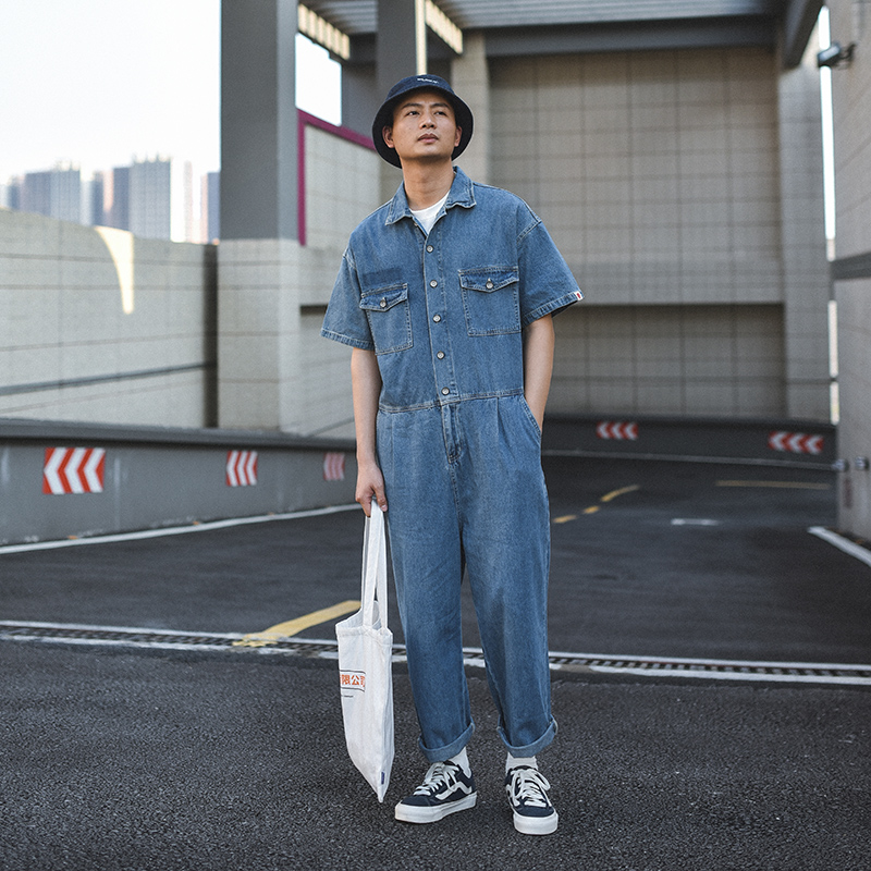 倔强兔男士牛仔连体裤日系复古宽松休闲外套韩版连体衣青年九分裤