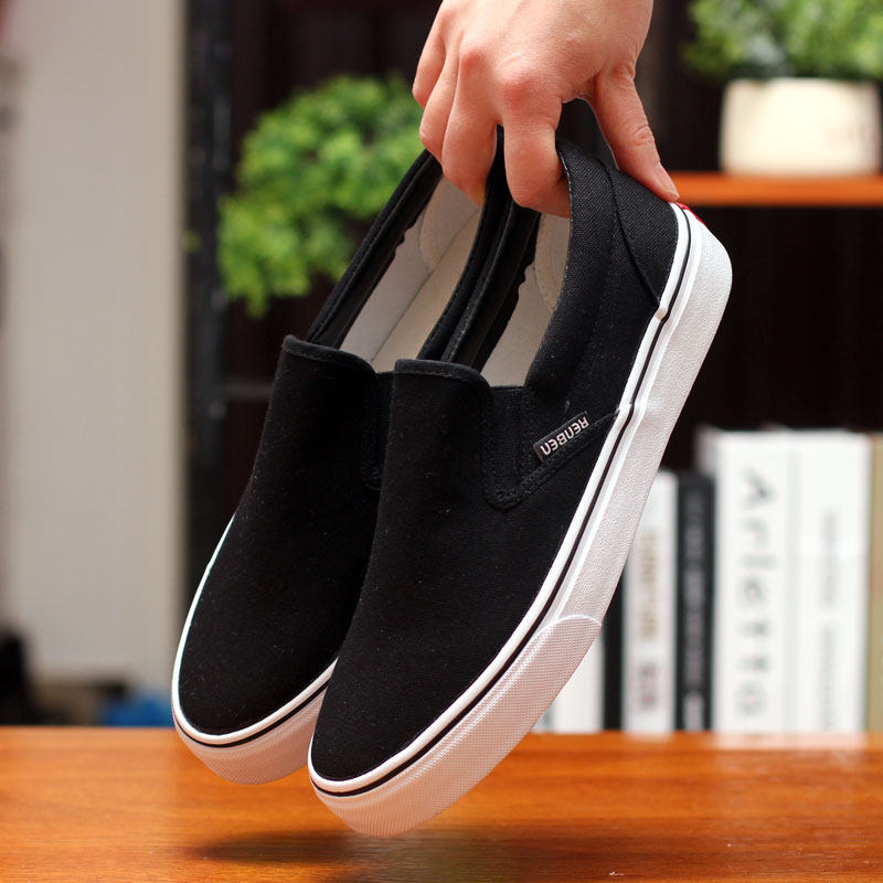 人本套脚帆布鞋男一脚蹬男鞋黑色懒人鞋男老布鞋男板鞋潮鞋子