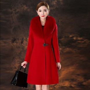 秋冬款狐狸毛领羊绒大衣女小个子中长款红色修身显瘦羊毛呢外套