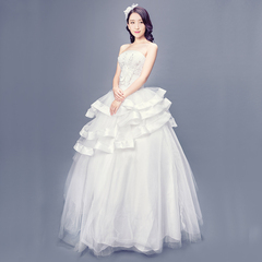 韩式蓬蓬裙公主婚纱影楼抹胸钻一字领显瘦蕾丝花朵齐地白纱