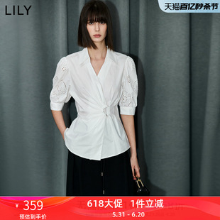 LILY2024夏新款女装设计感不对称腰带浪漫泡泡袖衬衫雪纺衫上衣女