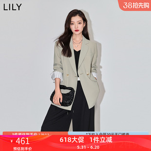 LILY2024春新款女装都市通勤款撞色条纹复古双排扣休闲西装外套女