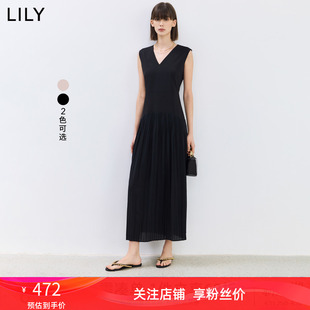 LILY2024夏新款女装设计感学院风百褶气质V领通勤长款高腰连衣裙