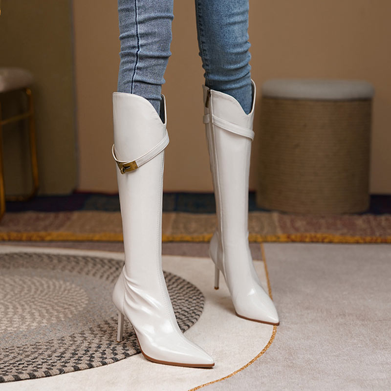 气质高跟高筒骑士靴女春秋新款细跟白色尖头长靴不过膝长筒靴真皮
