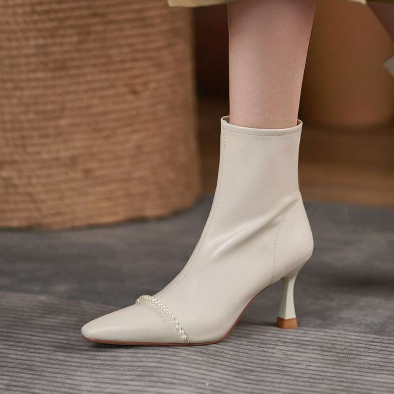 chic显瘦弹力靴珍珠短靴女细跟高跟女靴短筒裸靴白色网红瘦瘦靴潮
