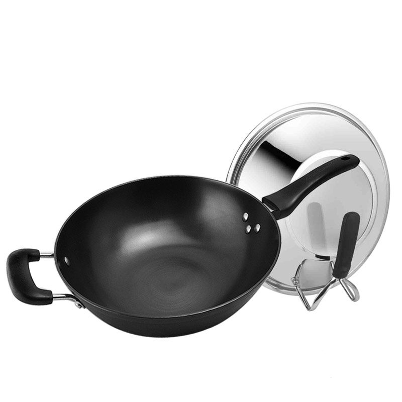 华邦铸铁锅无涂层炒菜锅不生锈传统平底加厚铁锅老式铁锅家用