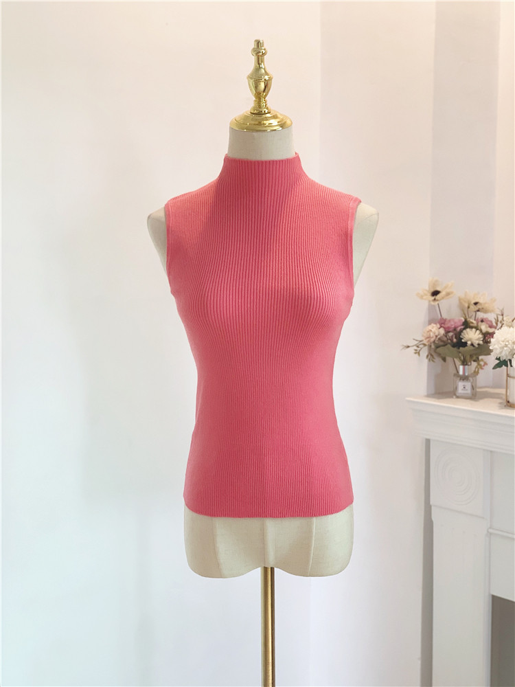 优雅叶珂桃花粉立领无袖上衣紧身显瘦针织衫打底背心女春秋款百搭