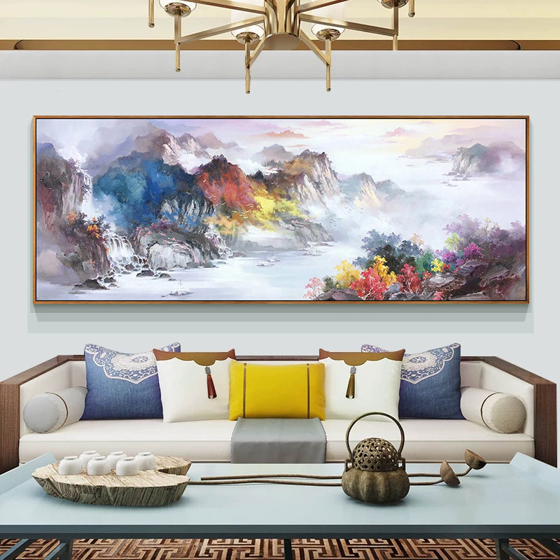 手绘新中式山水风景油画客厅单幅横长挂画书房餐厅办公室装饰画