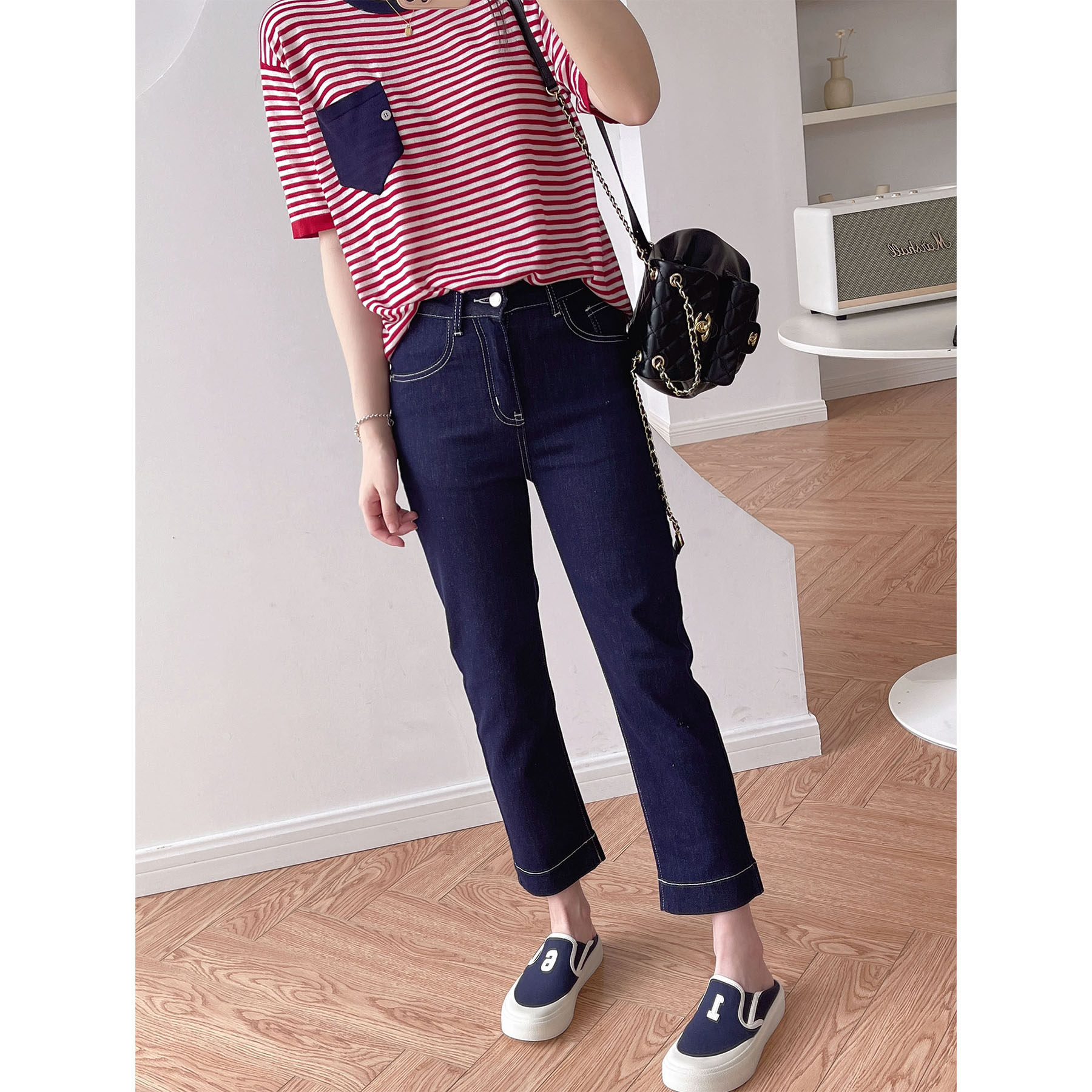 薄款防褪色普洗蓝显瘦修身明线牛仔直筒裤弹力高腰九分烟管裤夏季