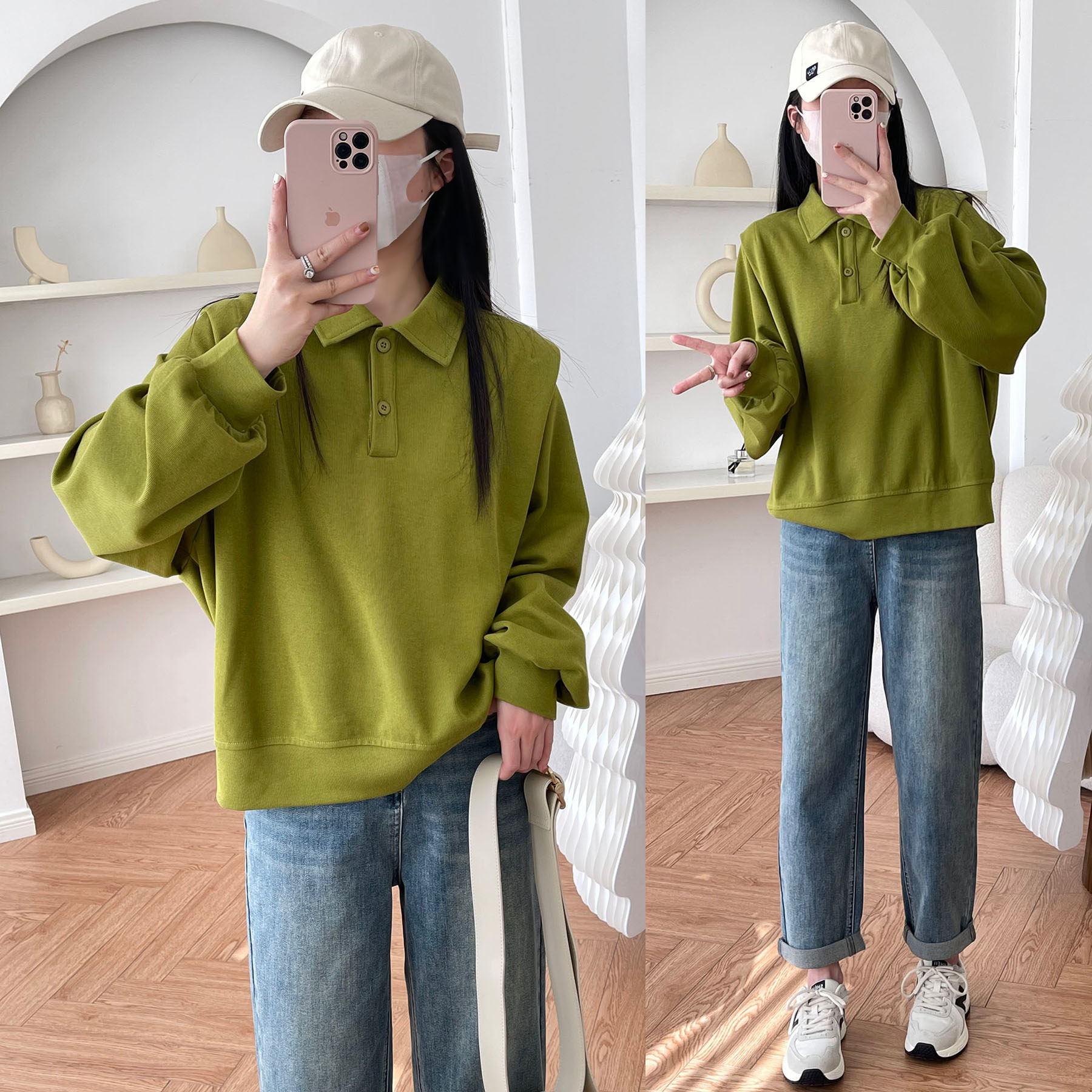 春季洋气彼得polo翻领套头卫衣t恤女折肩泡泡袖宽松珠地棉短上衣