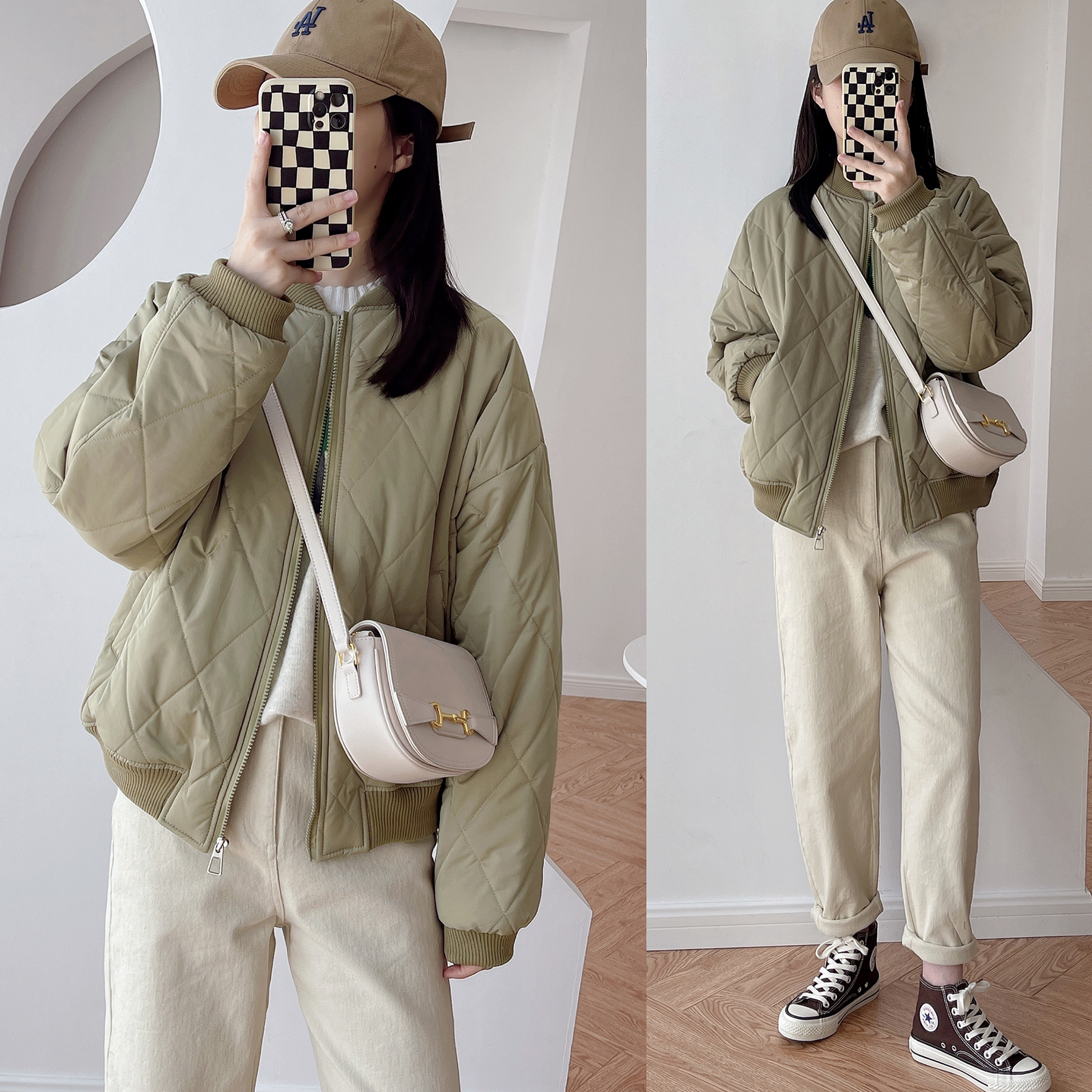 冬新款简约休闲立领棒球棉服加厚保暖夹棉菱格宽松面包服短棉衣女