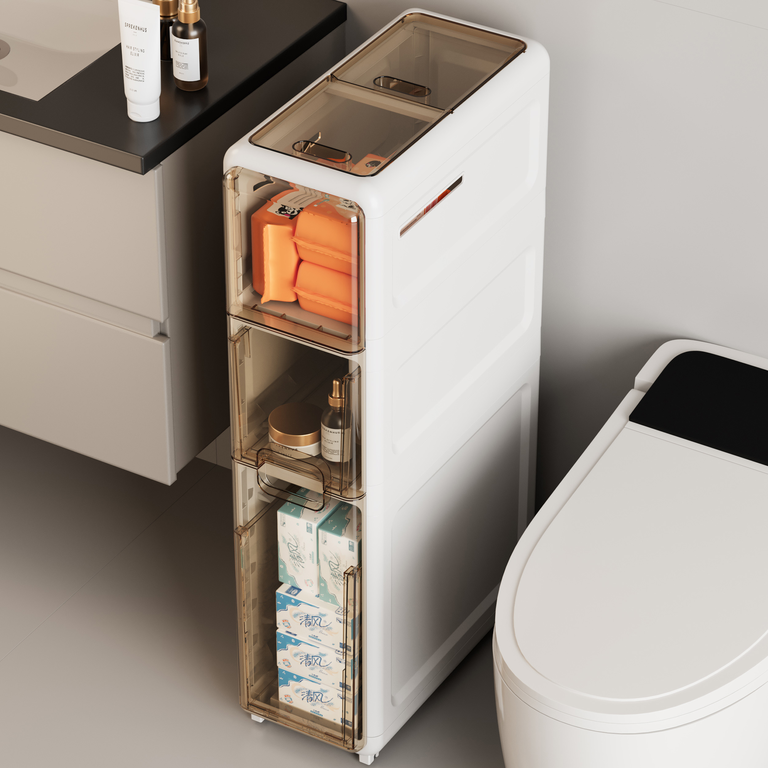 现代简约卫生间夹缝收纳柜抽屉式卫生间置物架马桶落地窄缝置物柜