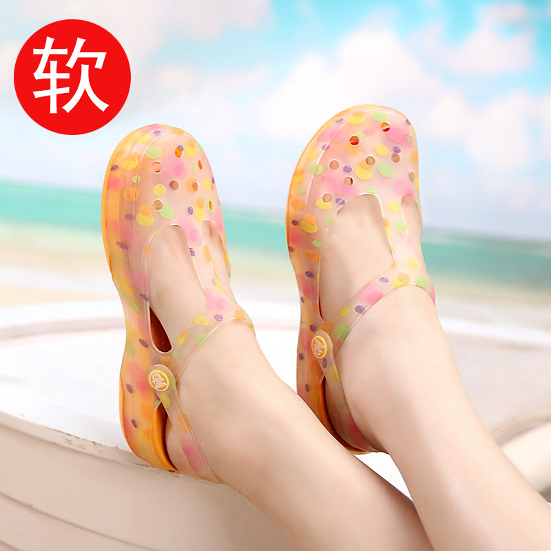 2017新款洞洞鞋女夏平底防滑沙灘鞋印花大碼果凍鞋休閑百搭涼拖女