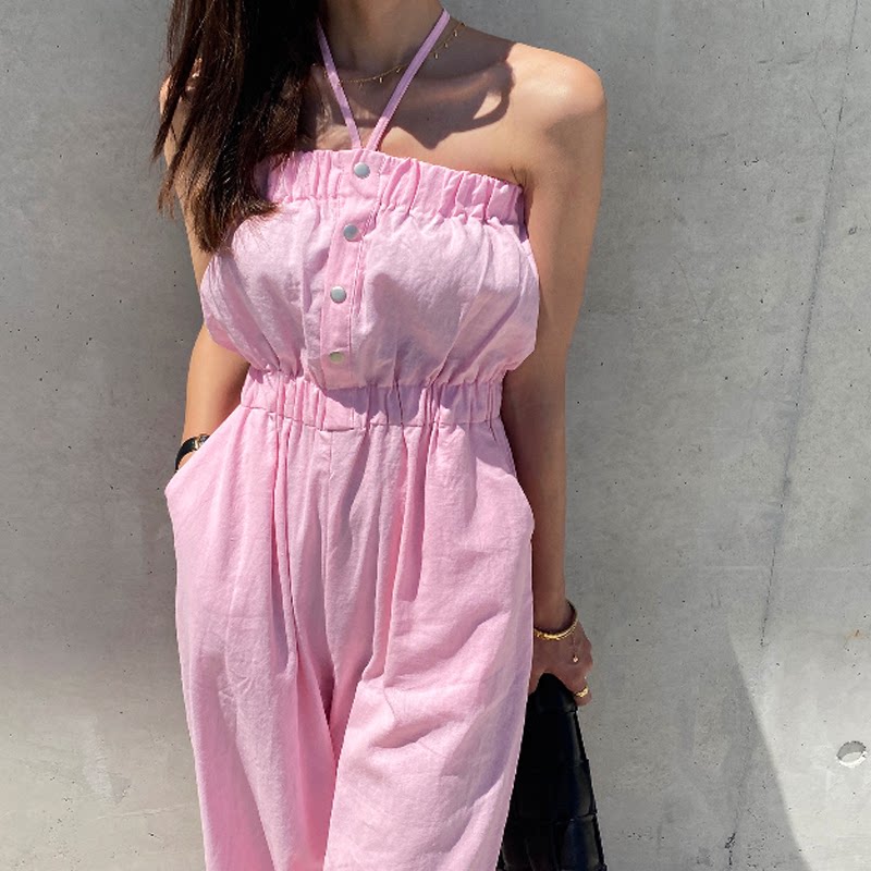 一字肩抹胸吊带连体裤女韩国性感挂脖露肩显瘦高腰阔腿直筒连衣裤