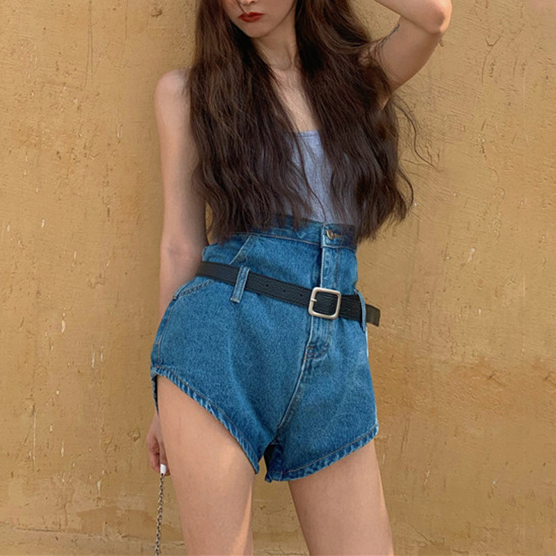 深蓝色牛仔短裤女超高腰三角裤子夏季港风修身设计性感热裤配皮带