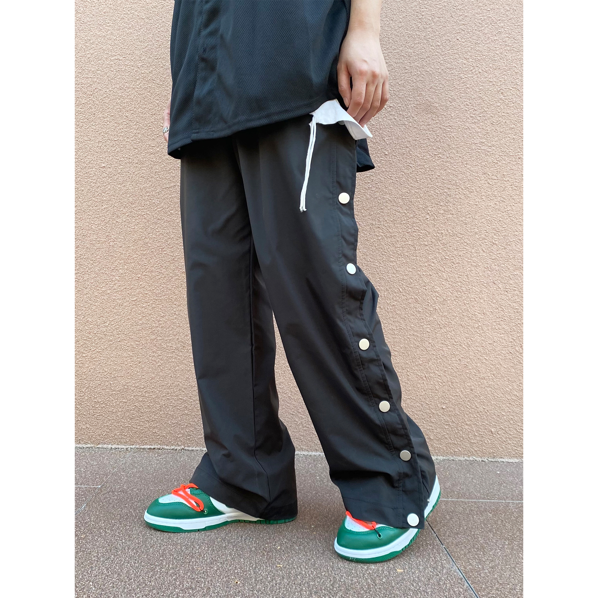 hiphop嘻哈排扣两穿长裤男2021年夏潮宽松阔腿运动裤外穿休闲裤女